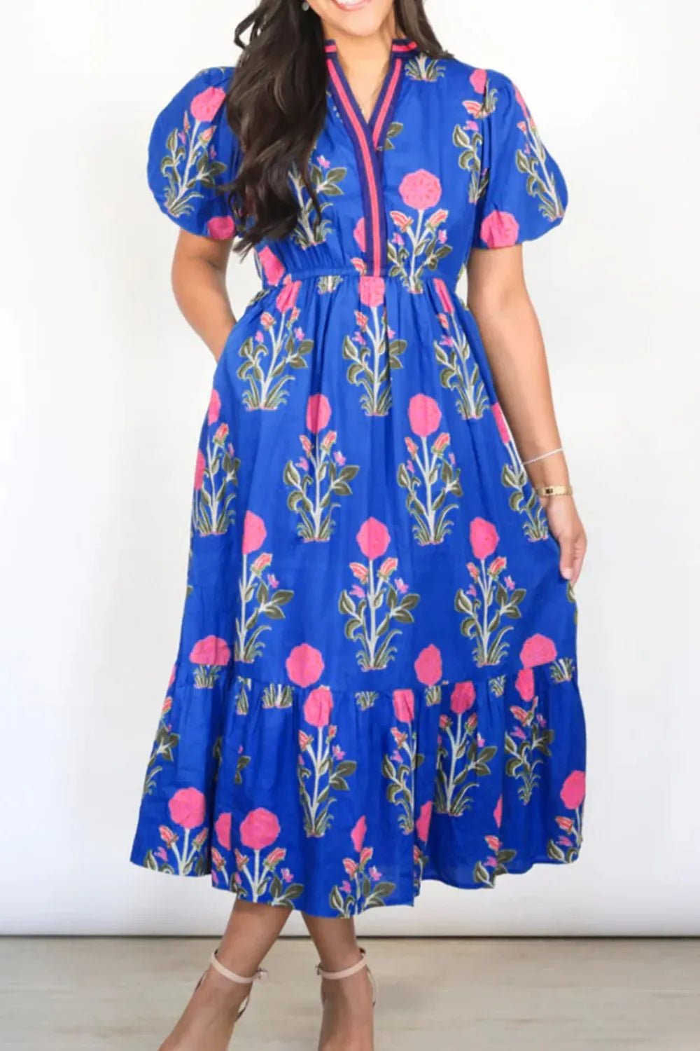 Floral Puff Short Sleeve Notched High Waist Dress - adritiX