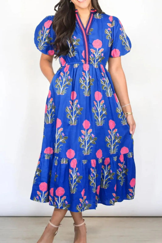 Floral Puff Short Sleeve Notched High Waist Dress - adritiX