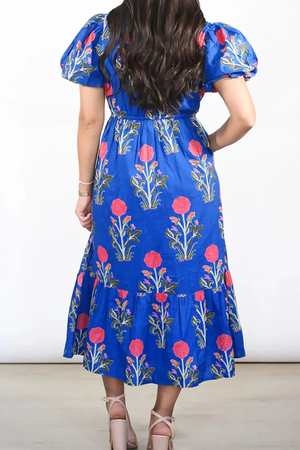 Floral Puff Short Sleeve Notched High Waist Dress - adritiX