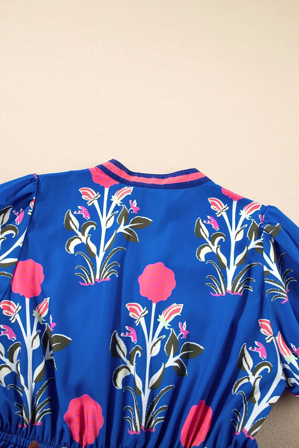 Floral Puff Short Sleeve Notched High Waist Dress - adritiX