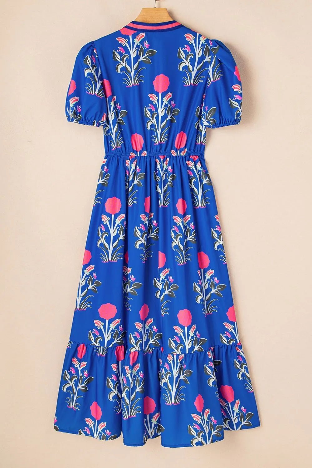 Floral Puff Short Sleeve Notched High Waist Dress - adritiX