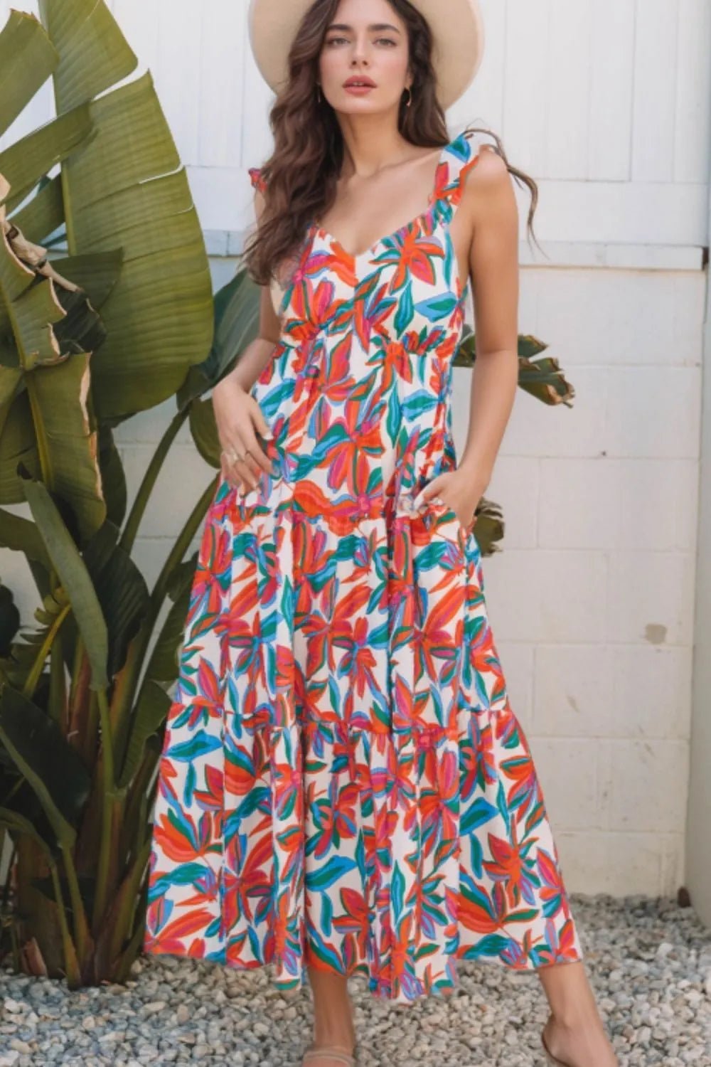 Floral Ruffled Strap V Neck Maxi Dress - adritiX