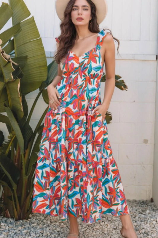 Floral Ruffled Strap V Neck Maxi Dress - adritiX