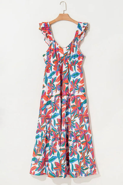 Floral Ruffled Strap V Neck Maxi Dress - adritiX