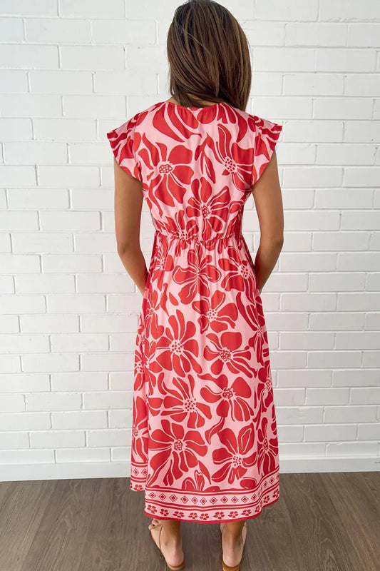 Floral Ruffled V - Neck Midi Dress with Button Front - adritiX