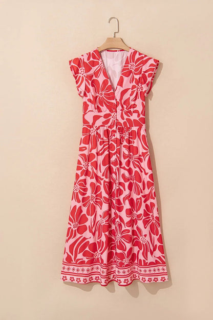 Floral Ruffled V - Neck Midi Dress with Button Front - adritiX