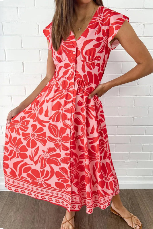 Floral Ruffled V - Neck Midi Dress with Button Front - adritiX