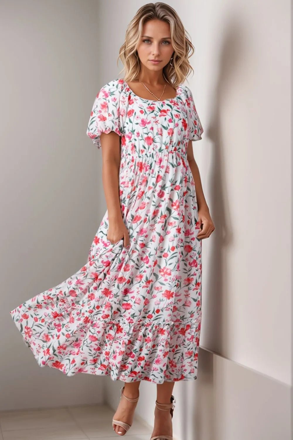 Floral Short Puff Sleeve Tiered Dress - adritiX