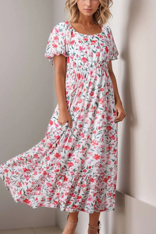Floral Short Puff Sleeve Tiered Dress - adritiX