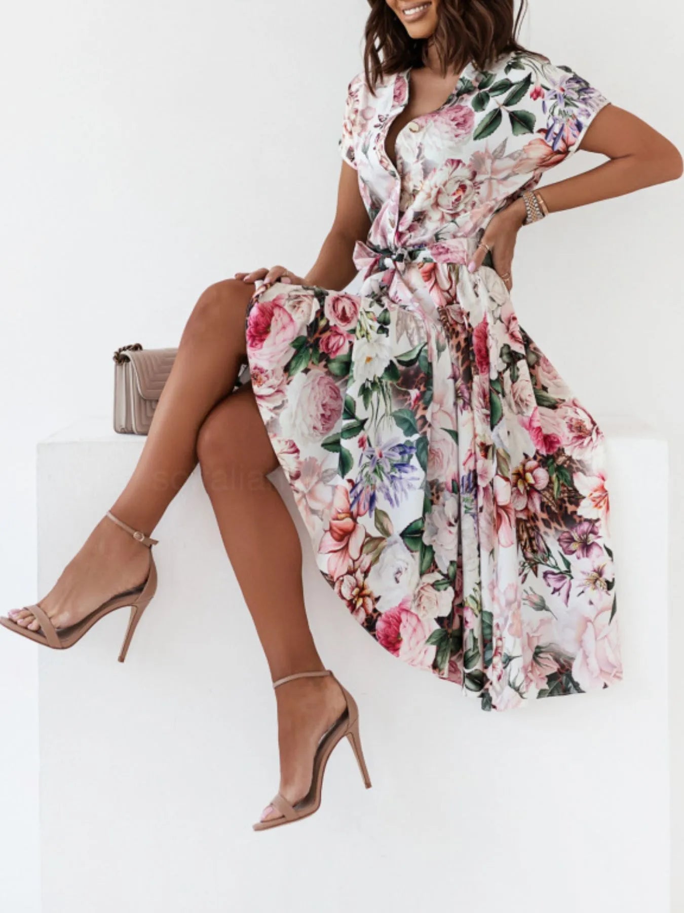 Floral Short Sleeve Midi Dress - adritiX