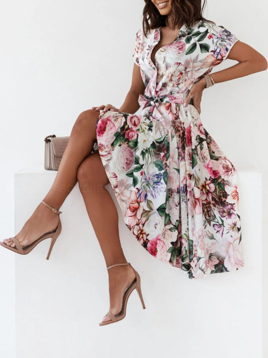 Floral Short Sleeve Midi Dress - adritiX