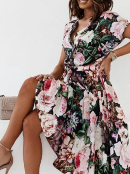 Floral Short Sleeve Midi Dress - adritiX