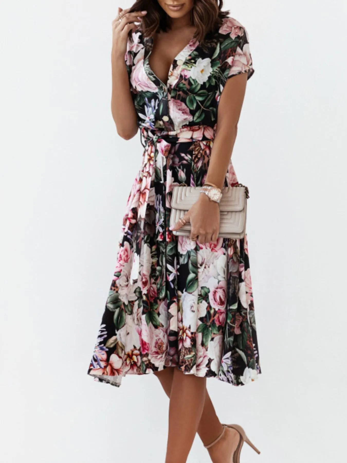 Floral Short Sleeve Midi Dress - adritiX