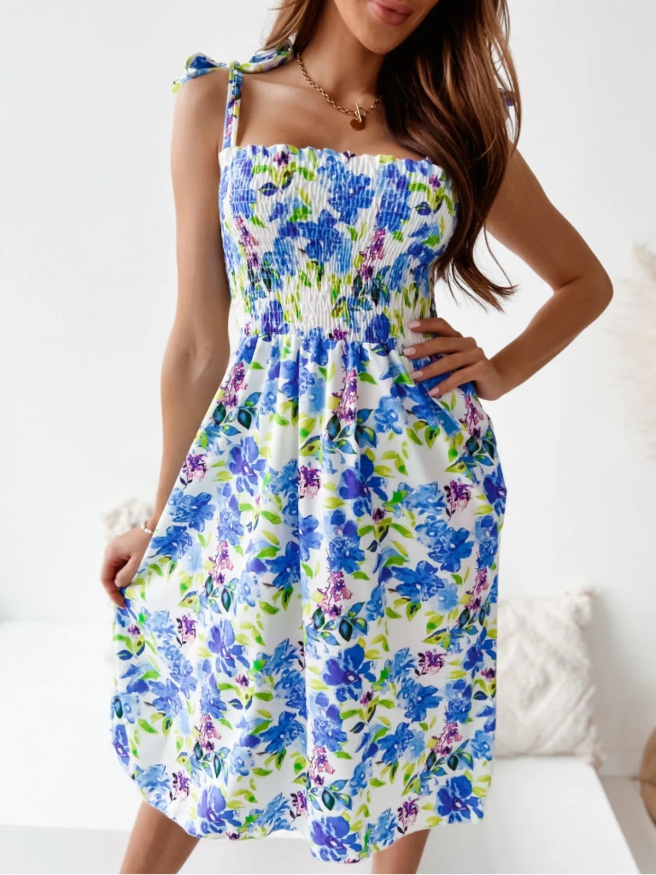 Floral Smocked Bodice Tie Shoulder Summer Dress - adritiX