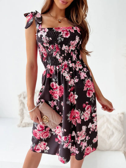 Floral Smocked Bodice Tie Shoulder Summer Dress - adritiX