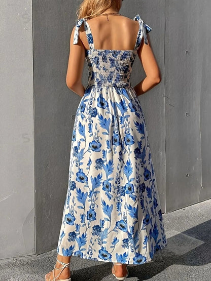 Floral Smocked Midi Dress with Tie Shoulders - adritiX