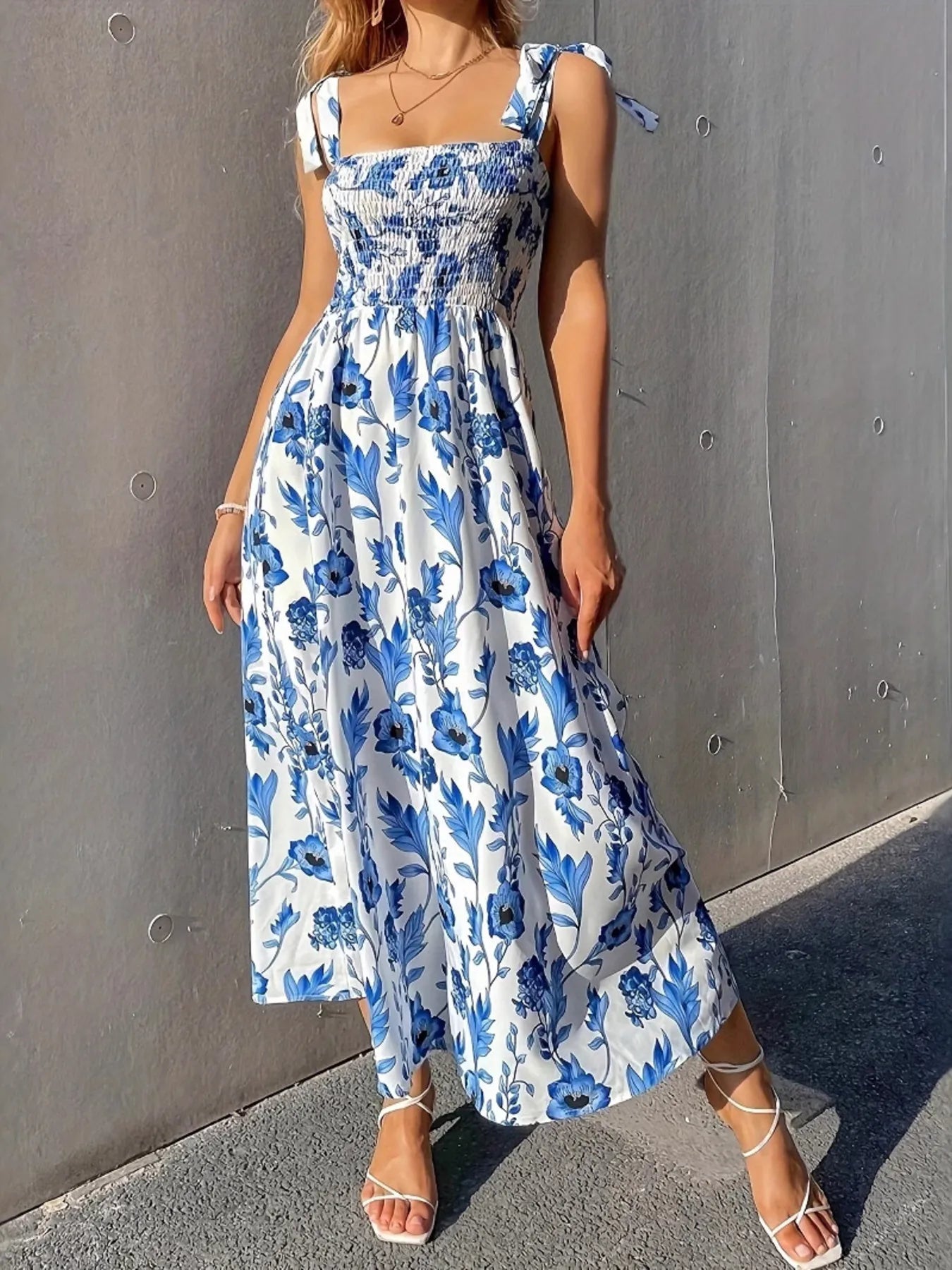 Floral Smocked Midi Dress with Tie Shoulders - adritiX