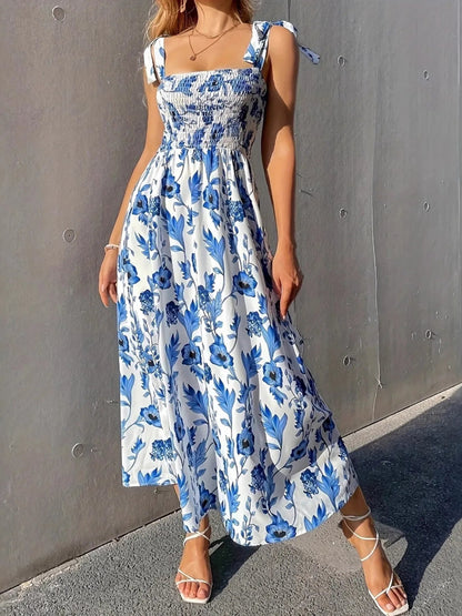 Floral Smocked Midi Dress with Tie Shoulders - adritiX