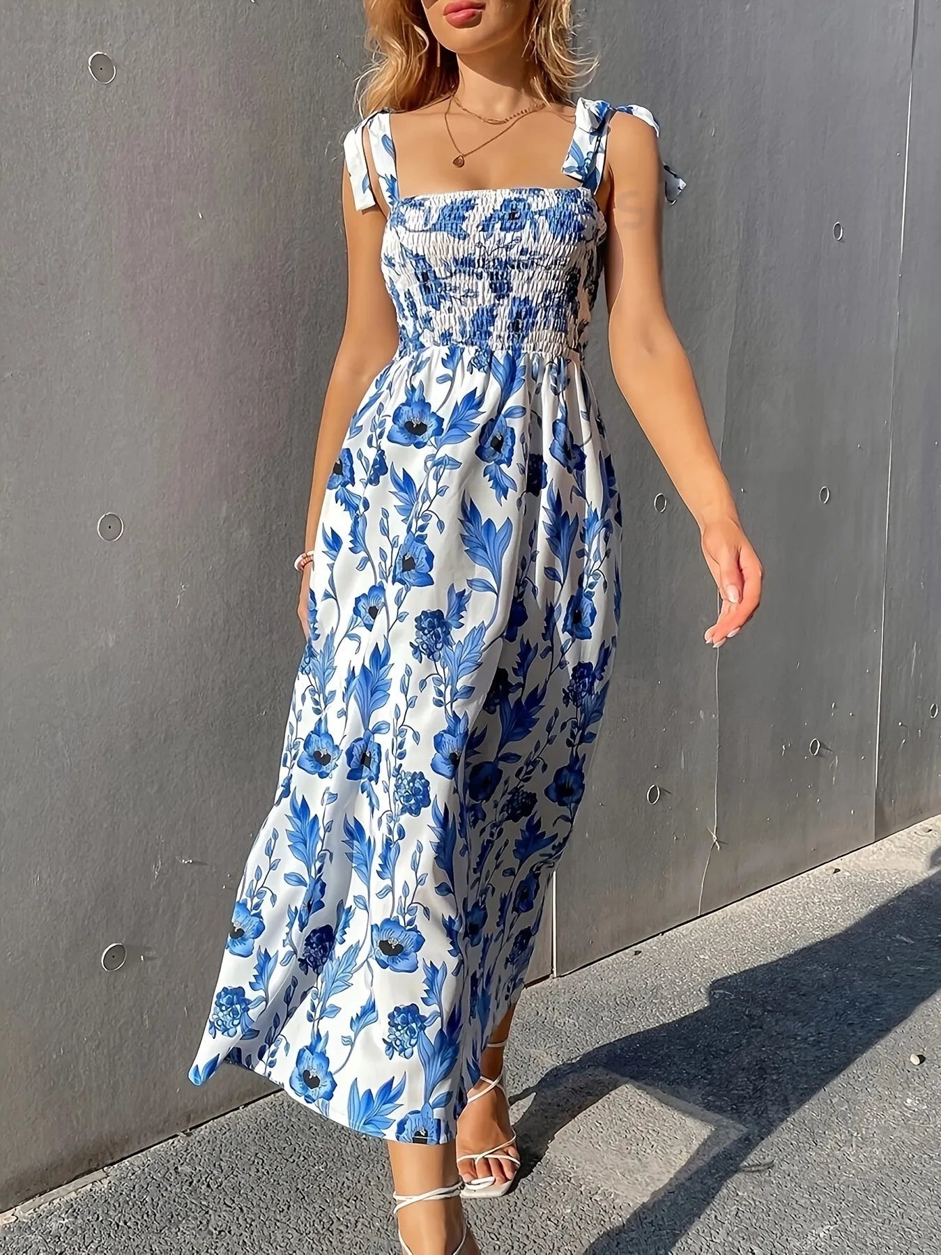Floral Smocked Midi Dress with Tie Shoulders - adritiX