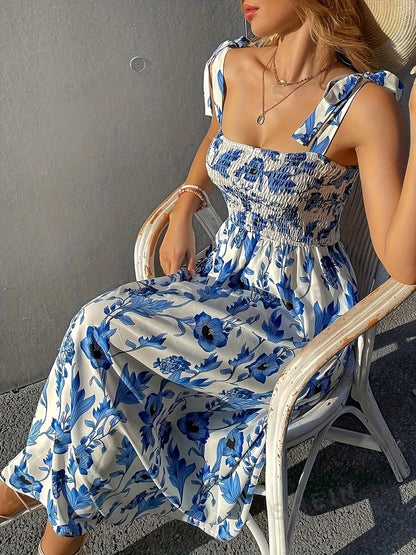Floral Smocked Midi Dress with Tie Shoulders - adritiX