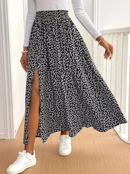 Floral Split Elastic Waist Maxi Skirt - adritiX