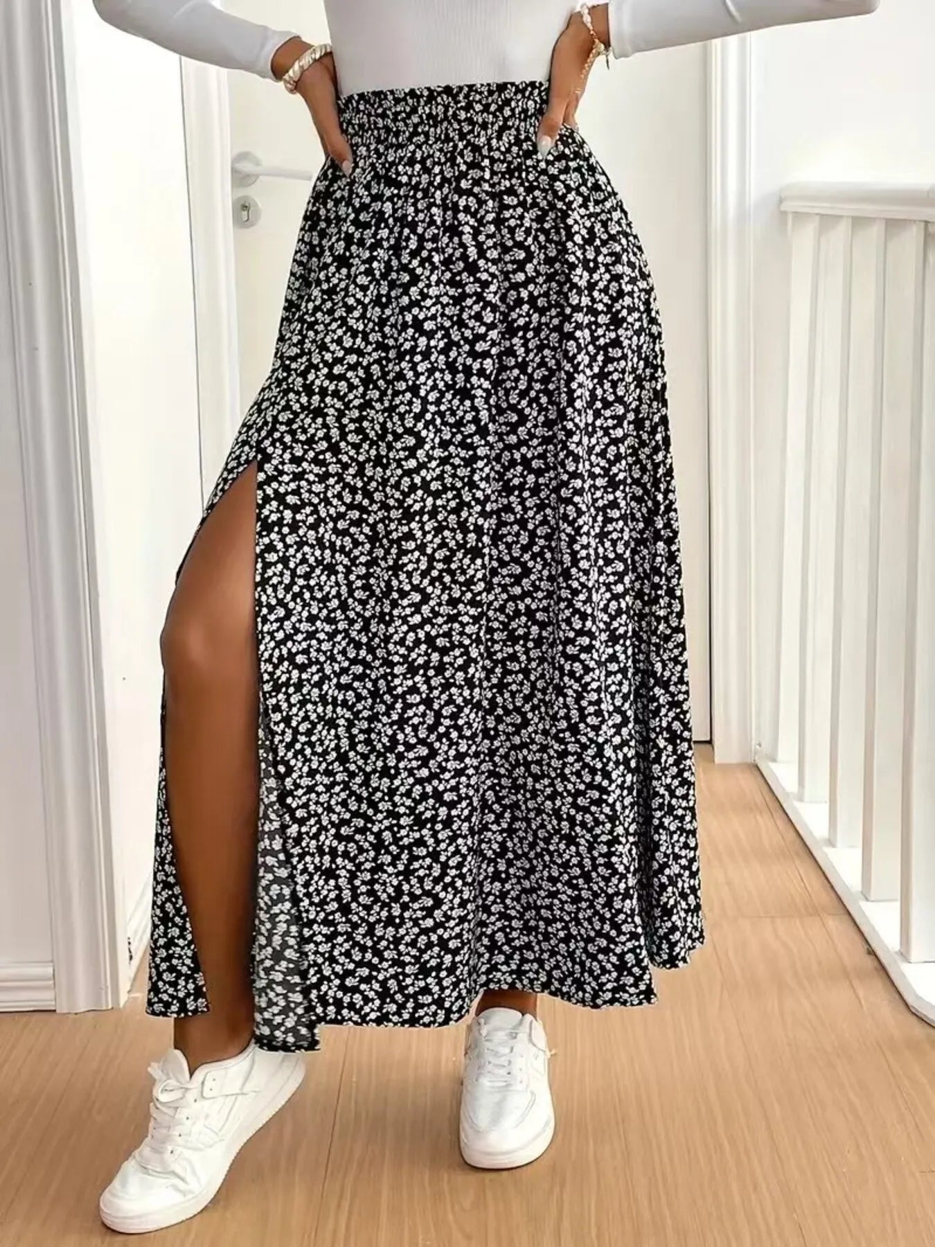 Floral Split Elastic Waist Maxi Skirt - adritiX