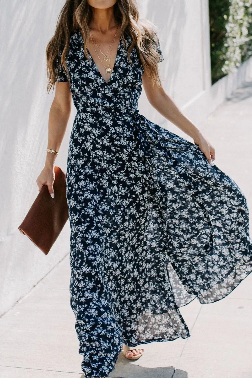 Floral Surplice Short Sleeve Dress - adritiX