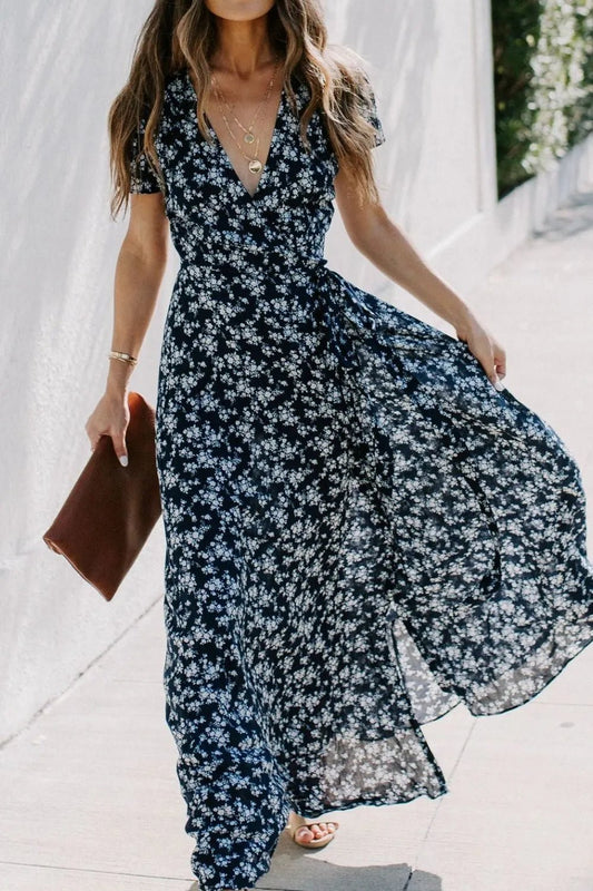 Floral Surplice Short Sleeve Dress - adritiX