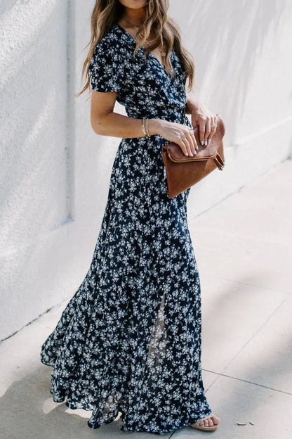 Floral Surplice Short Sleeve Dress - adritiX