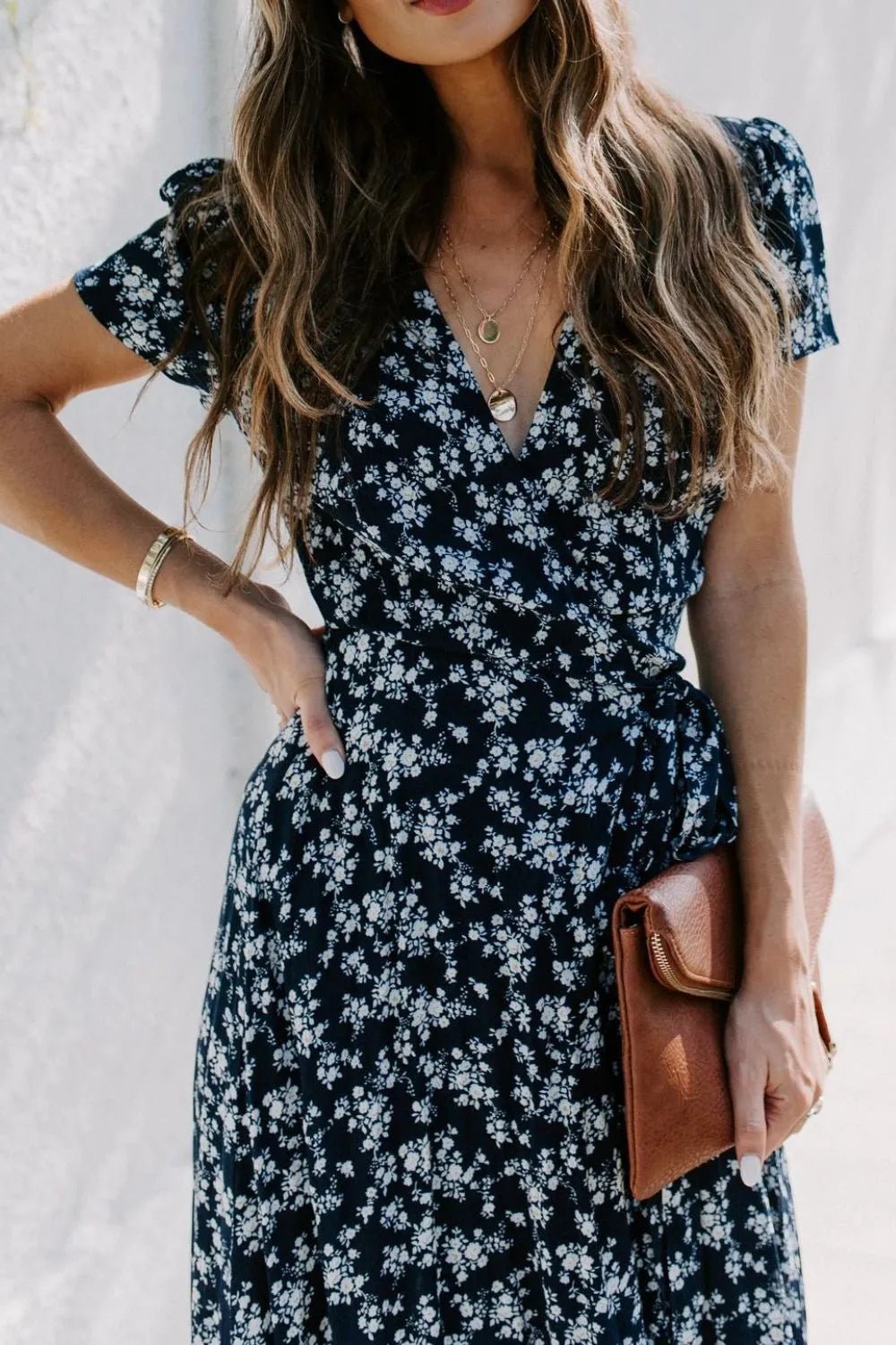 Floral Surplice Short Sleeve Dress - adritiX