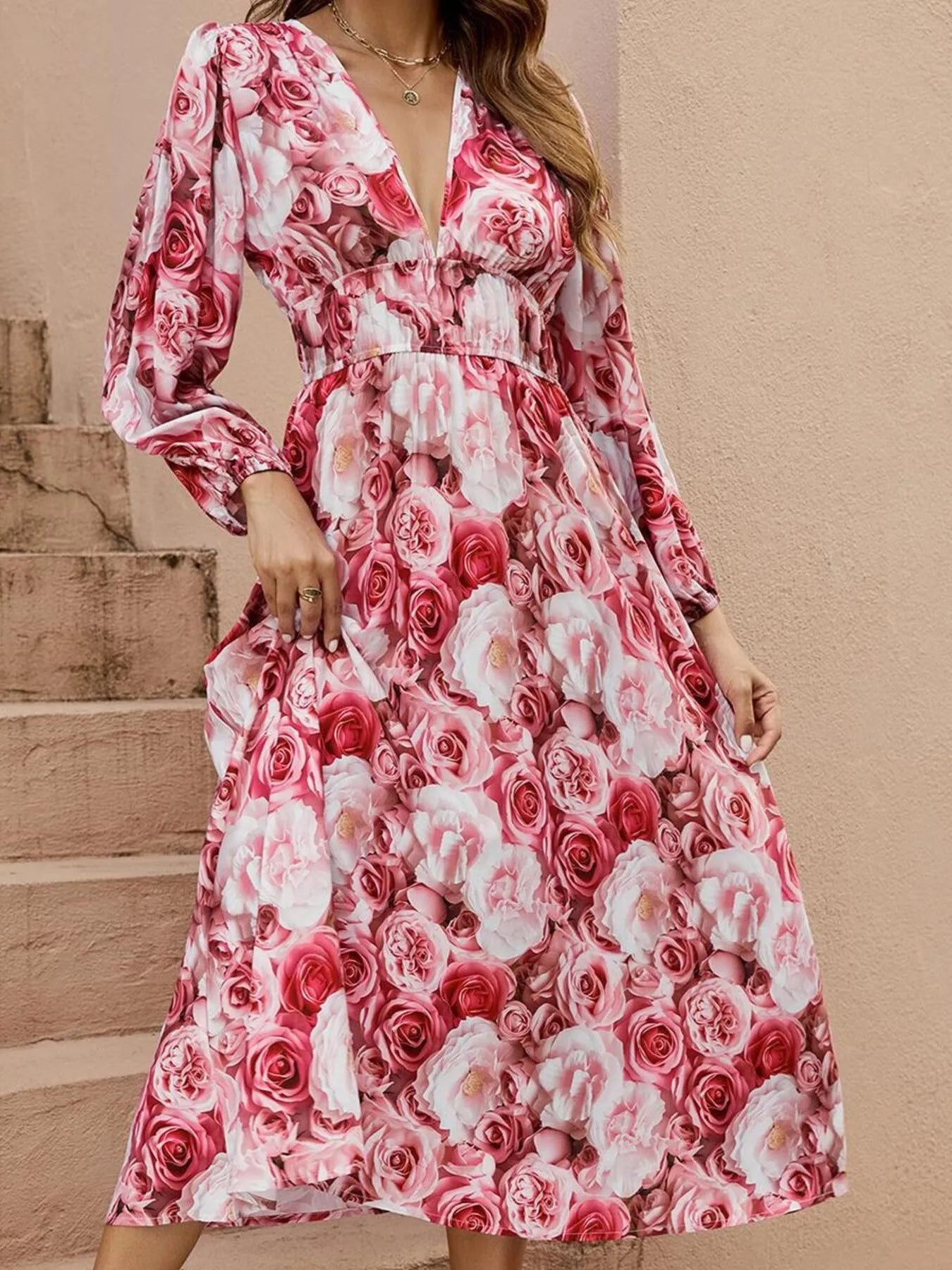 Floral V - Neck Long Sleeve Dress - adritiX
