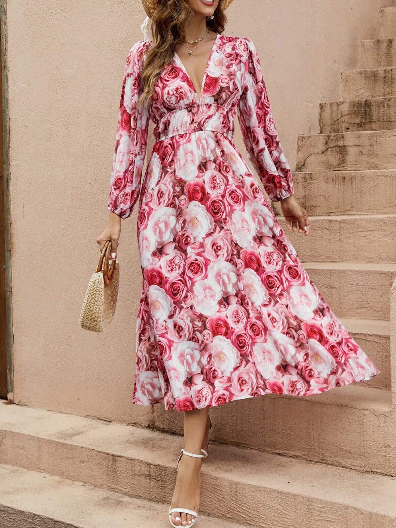 Floral V - Neck Long Sleeve Dress - adritiX