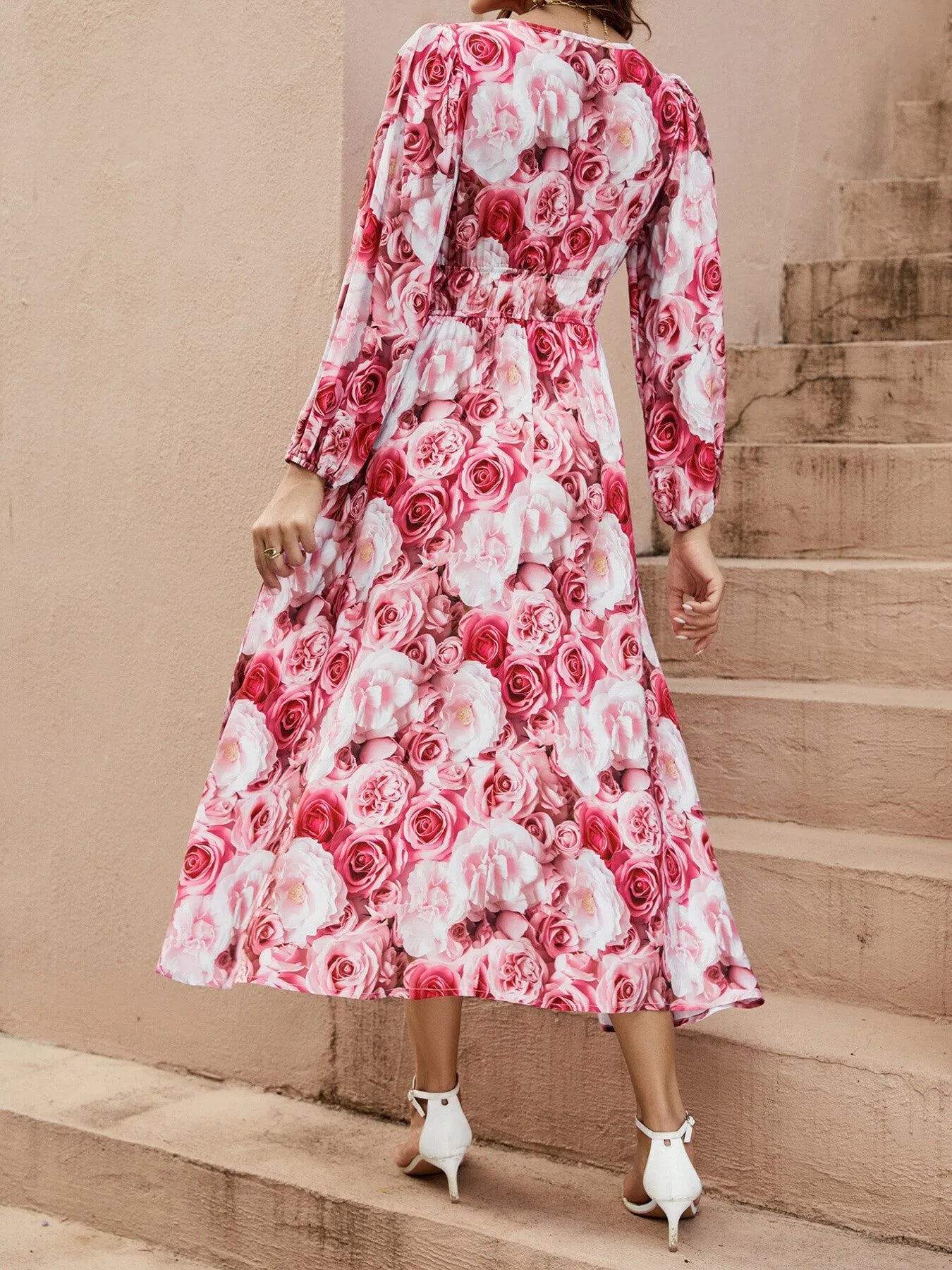 Floral V - Neck Long Sleeve Dress - adritiX