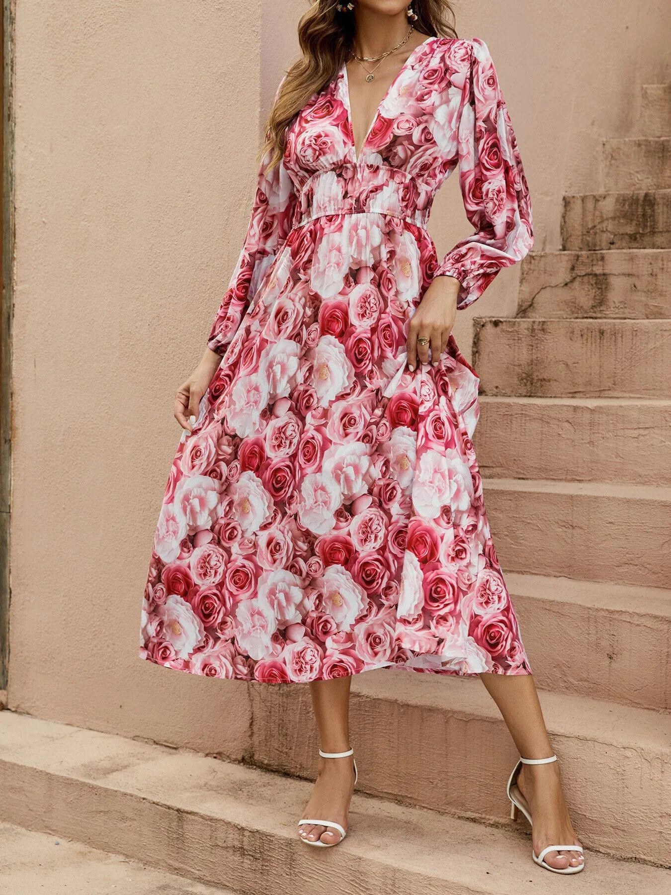 Floral V - Neck Long Sleeve Dress - adritiX