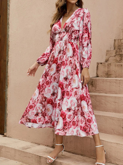 Floral V - Neck Long Sleeve Dress - adritiX