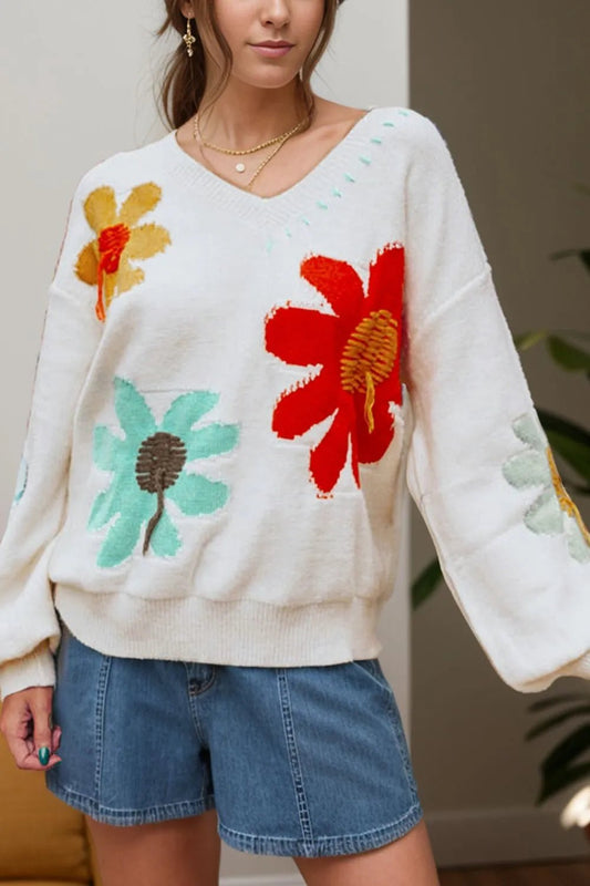 Flower V - Neck Dropped Shoulder Sweater - adritiX