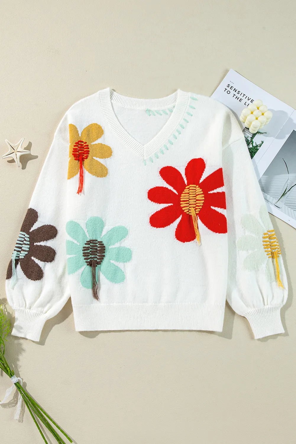 Flower V - Neck Dropped Shoulder Sweater - adritiX