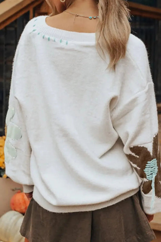 Flower V - Neck Dropped Shoulder Sweater - adritiX