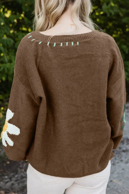Flower V - Neck Dropped Shoulder Sweater - adritiX