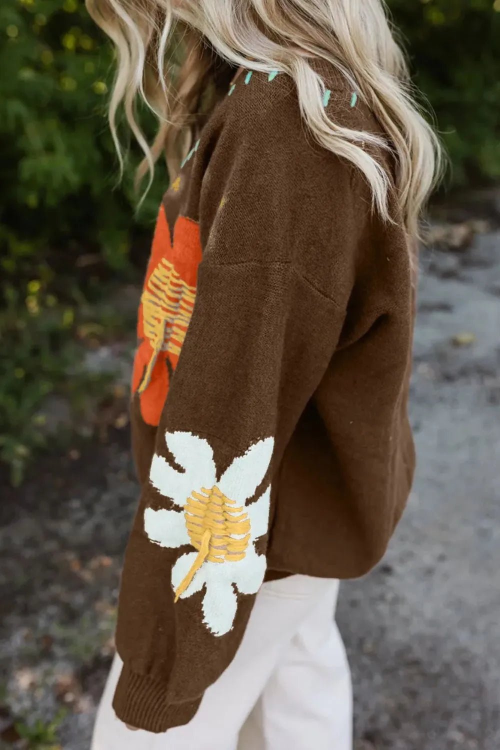 Flower V - Neck Dropped Shoulder Sweater - adritiX