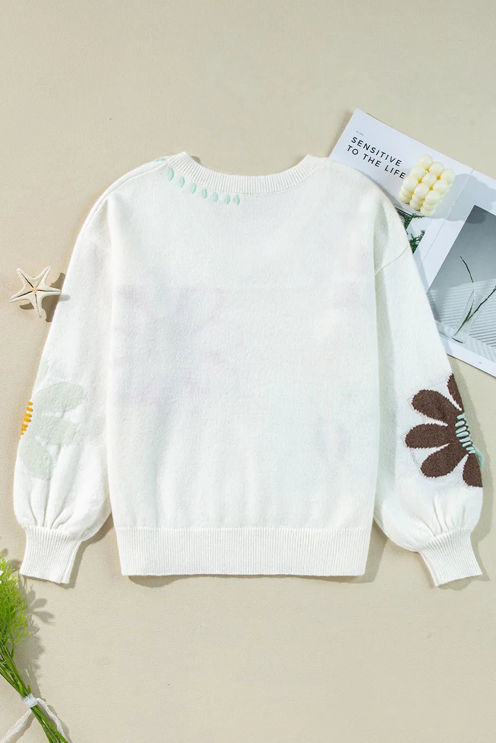 Flower V - Neck Dropped Shoulder Sweater - adritiX