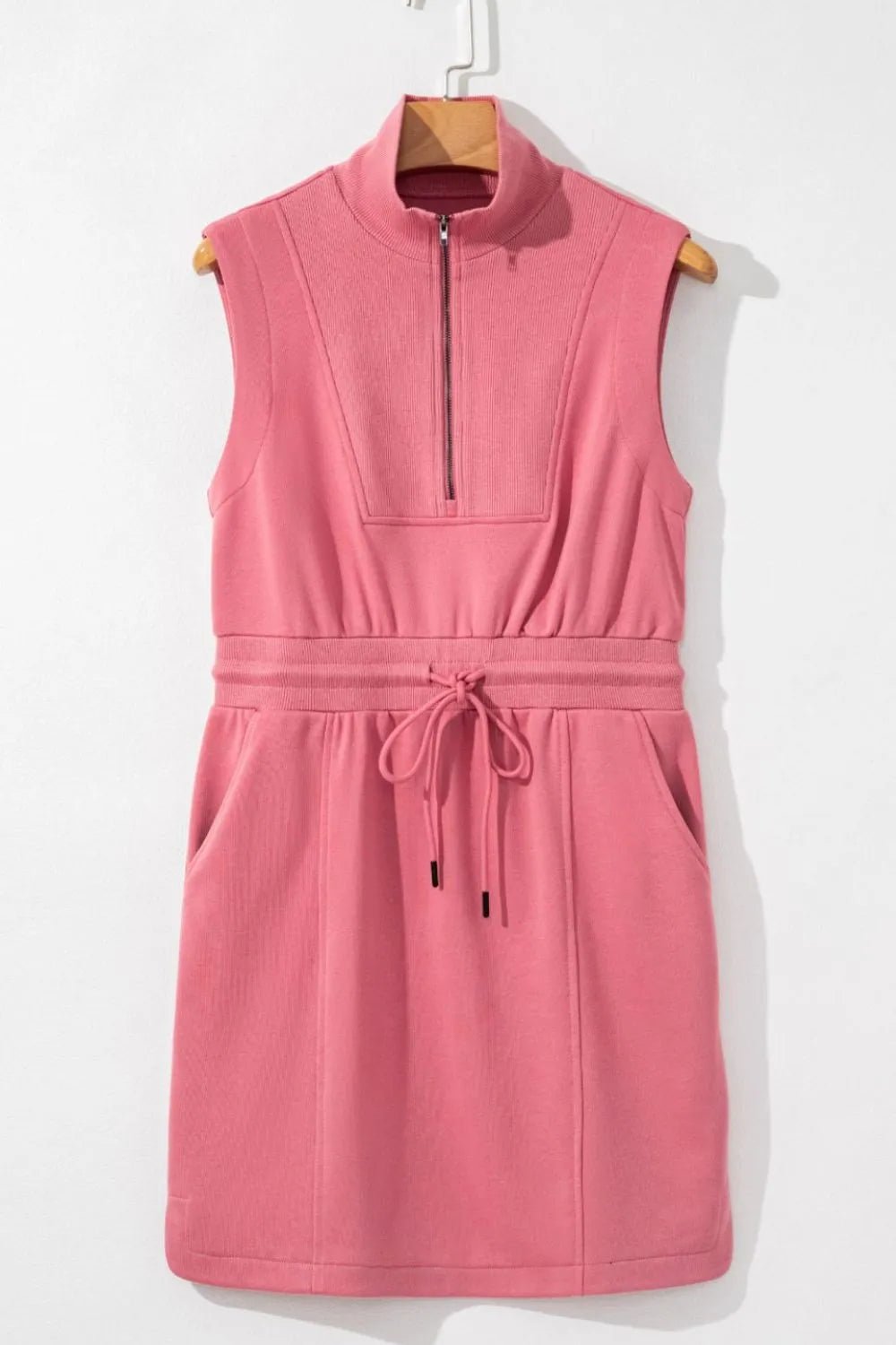 French Terry Zipped Collar Sleeveless Drawstring Waist Mini Dress - adritiX