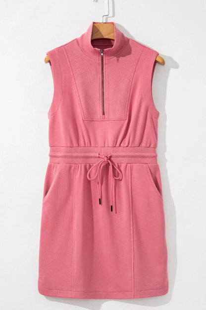 French Terry Zipped Collar Sleeveless Drawstring Waist Mini Dress - adritiX