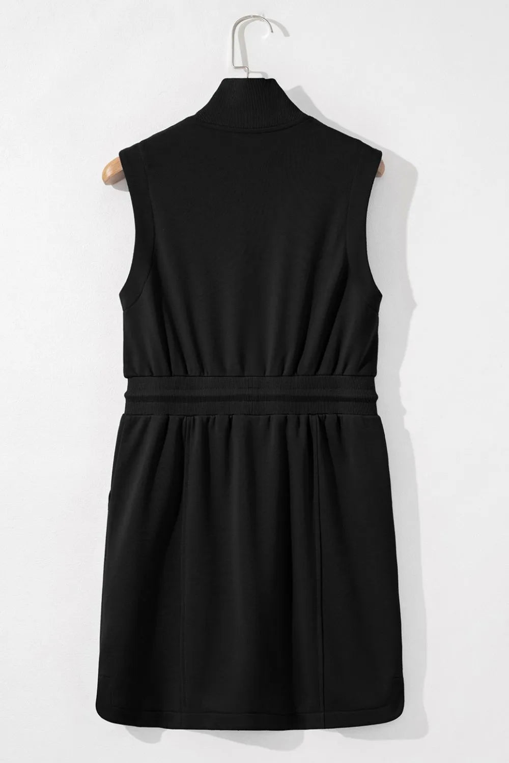 French Terry Zipped Collar Sleeveless Drawstring Waist Mini Dress - adritiX