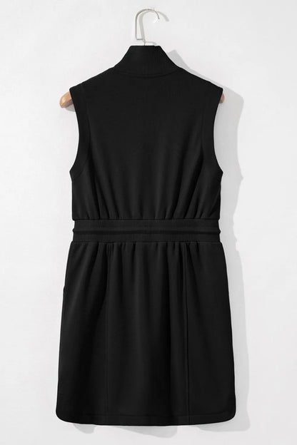 French Terry Zipped Collar Sleeveless Drawstring Waist Mini Dress - adritiX