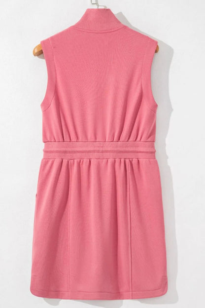 French Terry Zipped Collar Sleeveless Drawstring Waist Mini Dress - adritiX