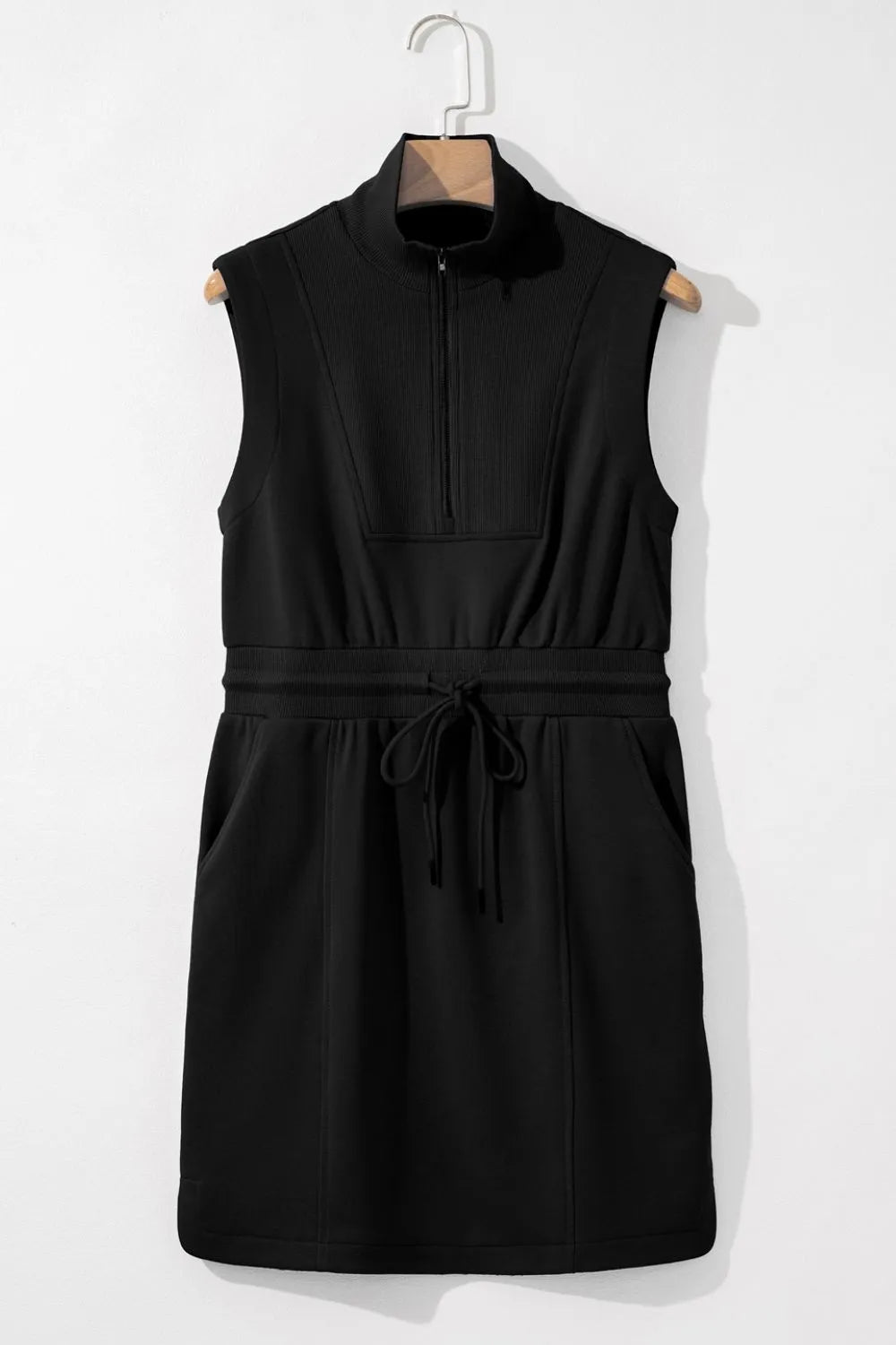 French Terry Zipped Collar Sleeveless Drawstring Waist Mini Dress - adritiX