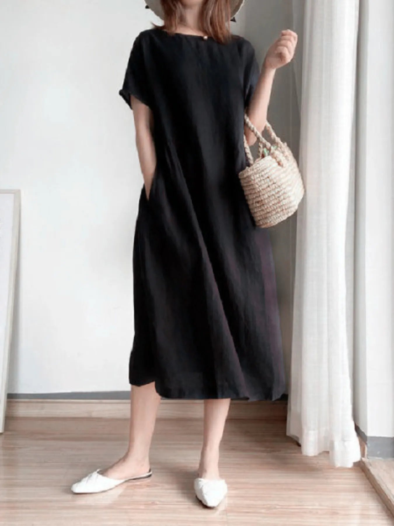 Full Size Casual Round Neck Midi Dress Plus Size - adritiX