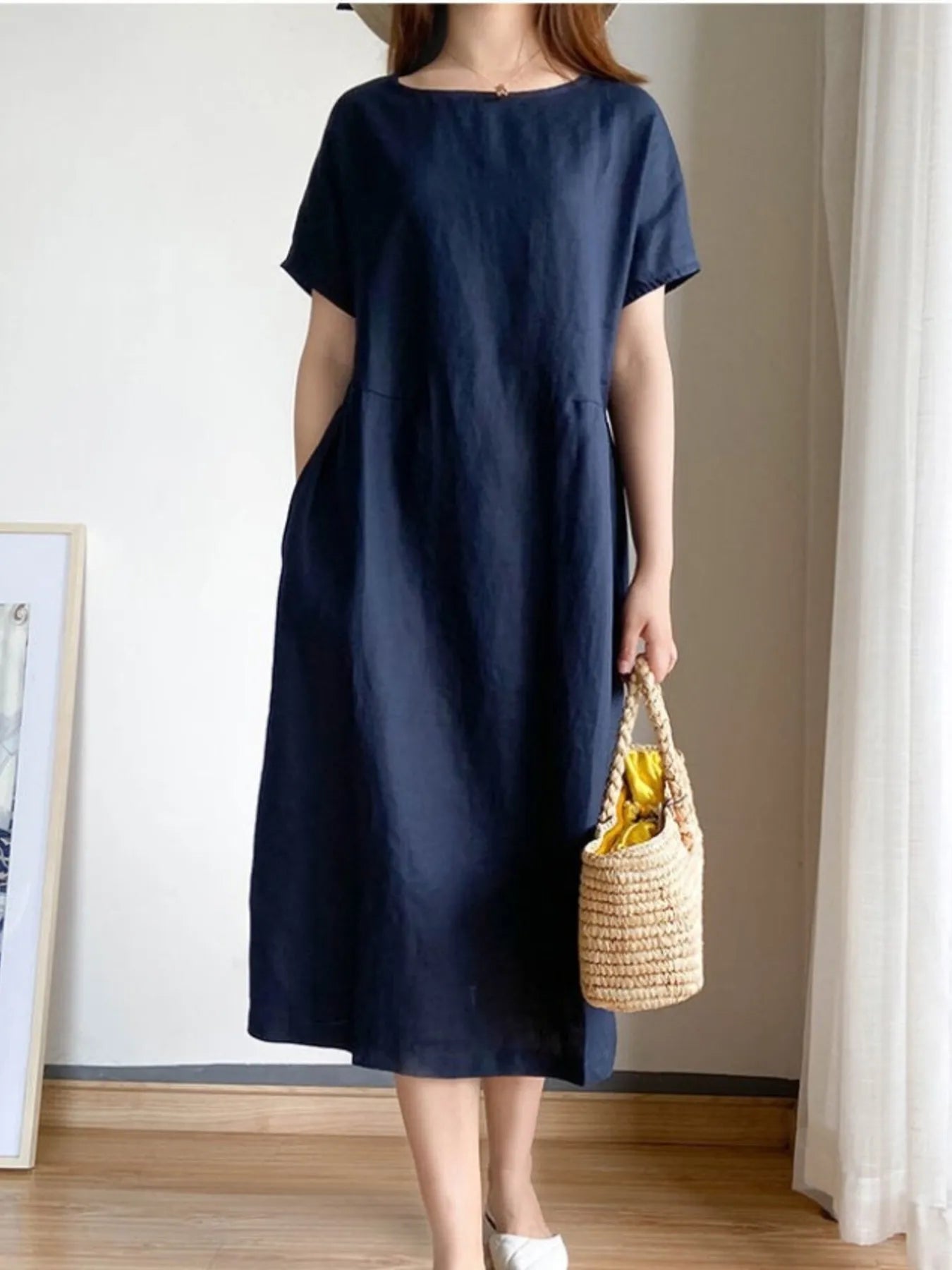 Full Size Casual Round Neck Midi Dress Plus Size - adritiX