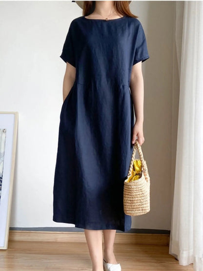 Full Size Casual Round Neck Midi Dress Plus Size - adritiX